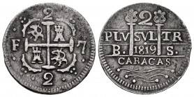 Ferdinand VII (1808-1833). 2 reales. 1819. Caracas. BS. (Cal-732). Ag. 5,09 g. Lions and castles. Scarce. Choice VF. Est...300,00. 

Fernando VII (1...