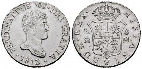Ferdinand VII (1808-1833). 8 reales. 1813. Madrid. IJ/IG. (Cal-1263). Ag. 27,03 g. Naked bust. Rectified assayer mark. Very rare. Choice VF/Almost XF....