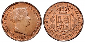 Elizabeth II (1833-1868). 5 centimos de real. 1859. Segovia. (Cal-175). Ae. 1,89 g. Original luster. UNC. Est...90,00. 

Isabel II (1833-1868). 5 cé...