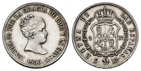 Elizabeth II (1833-1868). 2 reales. 1850. Sevilla. RD. (Cal-387). Ag. 2,51 g. AU. Est...110,00. 

Isabel II (1833-1868). 2 reales. 1850. Sevilla. RD...