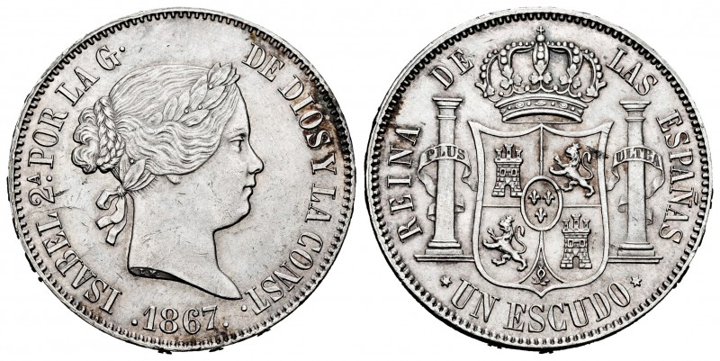 Elizabeth II (1833-1868). 1 escudo. 1867. Madrid. (Cal-565). Ag. 12,98 g. Minor ...