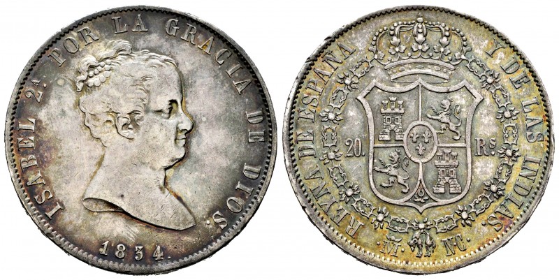 Elizabeth II (1833-1868). 20 reales. 1834. Madrid. NC. (Cal-578). Ag. 26,92 g. L...