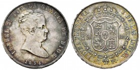 Elizabeth II (1833-1868). 20 reales. 1834. Madrid. NC. (Cal-578). Ag. 26,92 g. Legend ends in DIOS on obverse. Minor nicks on edge. Beautiful tone. Wi...