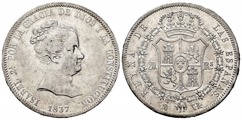 Elizabeth II (1833-1868). 20 reales. 1837. Madrid. CR. (Cal-581). Ag. 26,89 g. L...