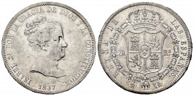 Elizabeth II (1833-1868). 20 reales. 1837. Madrid. CR. (Cal-581). Ag. 26,89 g. Legend ends in CONSTITUCION on obverse. Almost XF/XF. Est...900,00. 
...