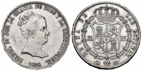 Elizabeth II (1833-1868). 20 reales. 1838. Madrid. CL. (Cal-582). Ag. 26,84 g. Legend ends in CONSTITUCION on obverse. Cleaned. Minor nicks on edge. S...