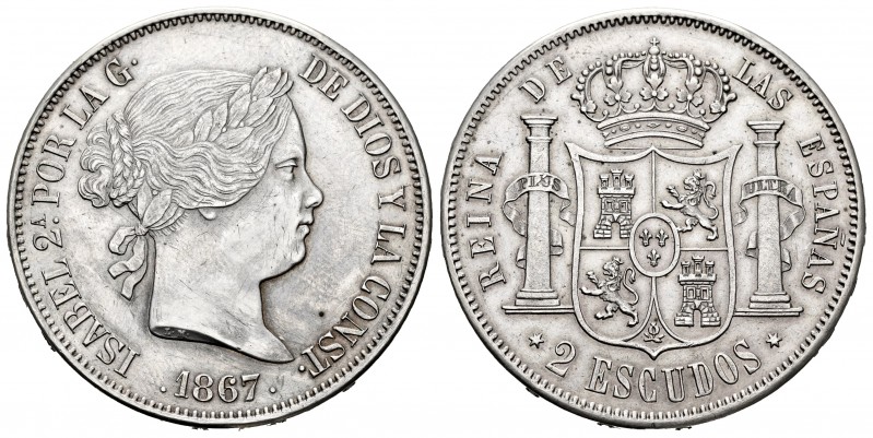 Elizabeth II (1833-1868). 2 escudos. 1867. Madrid. (Cal-647). Ag. 25,79 g. Clean...