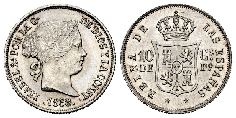 Elizabeth II (1833-1868). 10 centavos. 1868. Manila. (Cal-656). Ag. 2,58 g. Attr...