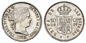 Elizabeth II (1833-1868). 10 centavos. 1868. Manila. (Cal-656). Ag. 2,58 g. Attractive. Almost UNC. Est...140,00. 

Isabel II (1833-1868). 10 centav...