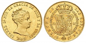 Elizabeth II (1833-1868). 80 reales. 1842. Barcelona. CC. (Cal-709). Au. 6,81 g. End of legend: CONST. Nick on edge. AU. Est...450,00. 

Isabel II (...