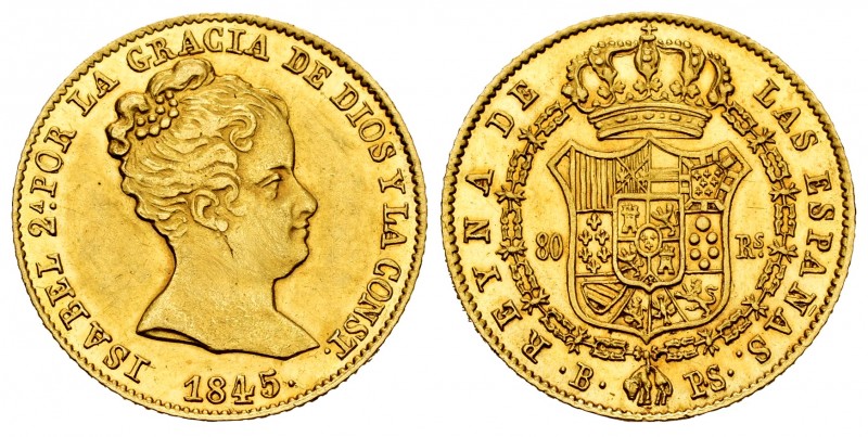 Elizabeth II (1833-1868). 80 reales. 1845. Barcelona. PS. (Cal-713). Au. 6,73 g....