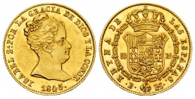 Elizabeth II (1833-1868). 80 reales. 1845. Barcelona. PS. (Cal-713). Au. 6,73 g. Original luster. AU. Est...400,00. 

Isabel II (1833-1868). 80 real...