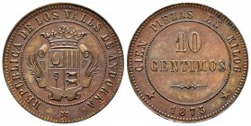 I Republic. 10 centimos. 1873. Andorra. (Cal-2). Ae. 9,86 g. Gorgeous specimen. Original luster. Rare. UNC. Est...800,00. 

I República. 10 céntimos...