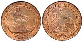 Provisional Government (1868-1871). 5 céntimos. 1870. Barcelona. OM. (Cal-5). Ae. 5,03 g. Pleasant color and appearence. Almost UNC. Est...200,00. 
...