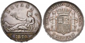 Provisional Government (1868-1871). 5 pesetas. 1870*18-70. Madrid. SNM. (Cal-39). Ag. 24,85 g. Minimal scratches. A good sample. Very scarce in this g...