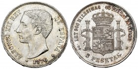 Alfonso XII (1874-1885). 5 pesetas. 1876*18*76. Madrid. DEM. (Cal-37). Ag. 24,84 g. Minor nick on the frame. AU. Est...250,00. 

Alfonso XII (1874-1...