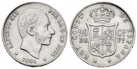 Alfonso XII (1874-1885). 20 centavos. 1884. Manila. (Cal-110). Ag. 5,15 g. Very scarce in this grade. Almost XF. Est...300,00. 

Alfonso XII (1874-1...
