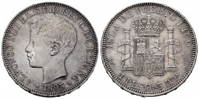 Alfonso XIII (1886-1931). 1 peso. 1895. Puerto Rico. PGV. (Cal-128). Ag. 24,89 g. Minor nicks on obverse. Tone. Rare. Choice VF. Est...650,00. 

Alf...