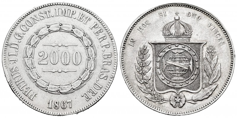 Brazil. D. Pedro II. 2000 reis. 1867. Rio de Janeiro. (Km-466). Ag. 25,31 g. Ver...