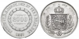 Brazil. D. Pedro II. 2000 reis. 1867. Rio de Janeiro. (Km-466). Ag. 25,31 g. Very rare. Almost XF/Choice VF. Est...500,00. 

Brasil. D. Pedro II. 20...