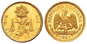 Mexico. 5 pesos. 1881/0. México. M. (Km-412.6). (Fried-139). Au. Original luster. Very rare. Almost UNC. Est...3000,00. 

México. 5 pesos. 1881/0. M...