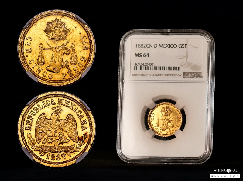 Mexico. 5 pesos. 1882. Culiacan. D. (Km-412.2). Au. Of the highest rarity and am...