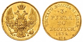 Poland. Nicholas I (1825-1855). 3 roubles - 20 zlotych. 1834. Saint Petesburg. СПБ ПД. (Bitkin-1075). (S-21 Polonia). (Kopicki-9461). Au. 3,94 g. Orig...