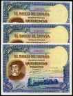 500 pesetas. 1935. Madrid. (Ed 2017-365). January 7, Hernán Cortés. Without serie. Correlative trio. Central bend. Minor margin tears. Very rare. Almo...