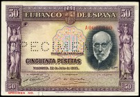 50 pesetas. 1935. Madrid. (Ed-366M). 22 de julio, busto de Santiago Ramón y Cajal. Serie A y sin firma del cajero. Numeración 0000000. SPECIMEN en per...