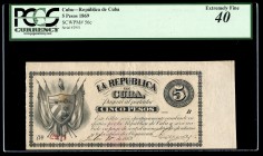 Overseas issues. Republic of Cuba. 5 pesos. 1869. (Ed 2017-36). (Pick-56c). Serie B. With upper and right counterfoil. Scarce. Slabbed bt PCGS as Extr...