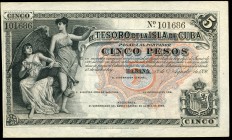 Overseas issues. Tesoro de la Isla de Cuba. 5 pesos. 1891. (Ed 2017-63). (Pick-39). Slight corner bend. Very scarce in this condition. AU. Est...500,0...