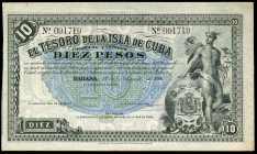 Overseas issues. Tesoro de la Isla de Cuba. 10 pesos. 1891. (Ed 2017-64). (Pick-40b). Minimal bend and stain in left margin. Pleasant color and appear...