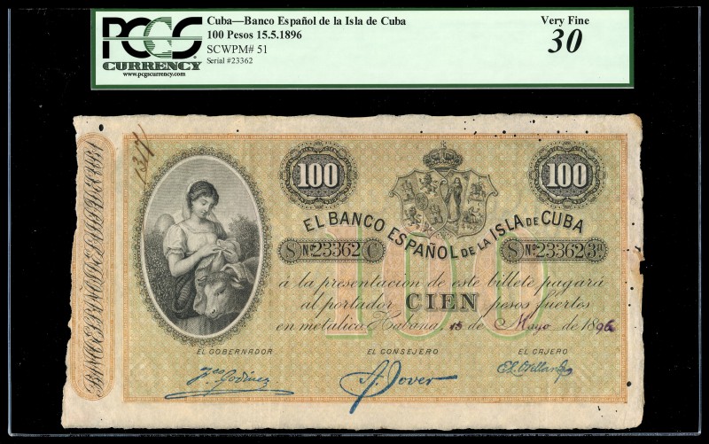 Overseas issues. Banco Español de la Isla de Cuba. 100 pesos. 1896. (Ed 2017-75)...