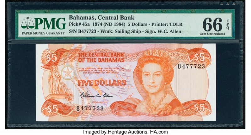 Bahamas Central Bank 5 Dollars 1974 (ND 1984) Pick 45a PMG Gem Uncirculated 66 E...