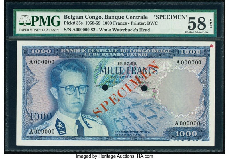 Belgian Congo Banque Centrale du Congo Belge 1000 Francs 15.7.1958 Pick 35s Spec...