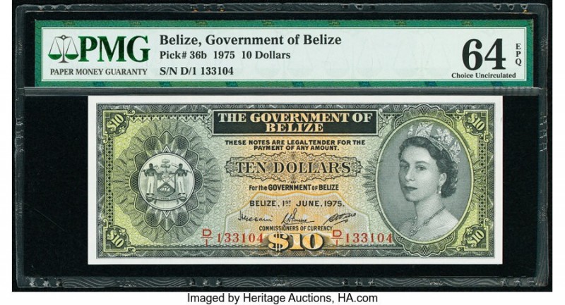 Belize Government of Belize 10 Dollars 1.6.1975 Pick 36b PMG Choice Uncirculated...