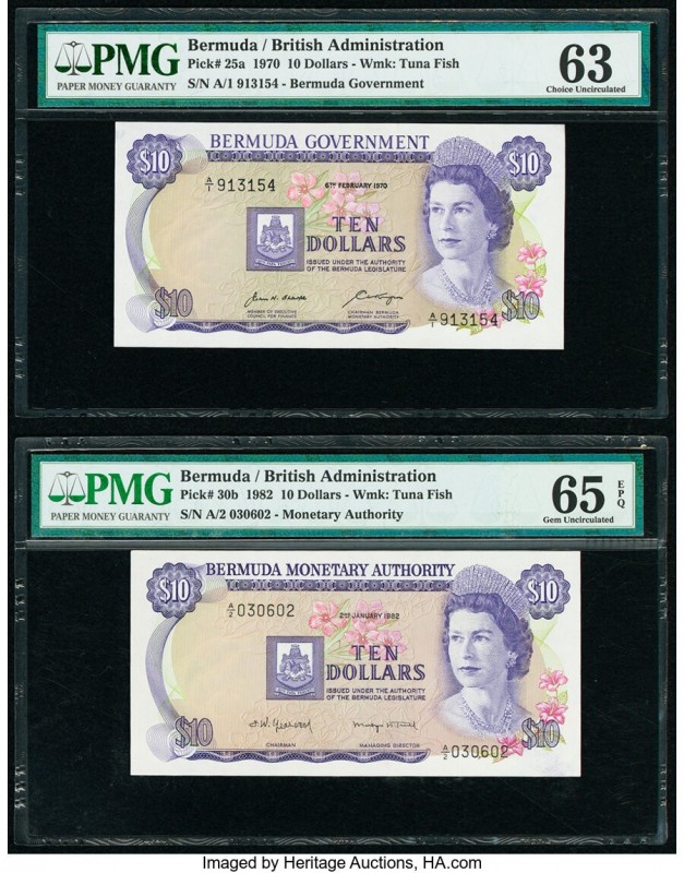 Bermuda Bermuda Government 10 Dollars 6.2.1970; 2.1.1982 Pick 25a; 30b Two examp...