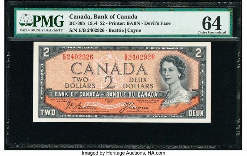 Canada Bank of Canada $2 1954 Pick 67b BC-30b "Devil's Face" PMG Choice Uncircul...