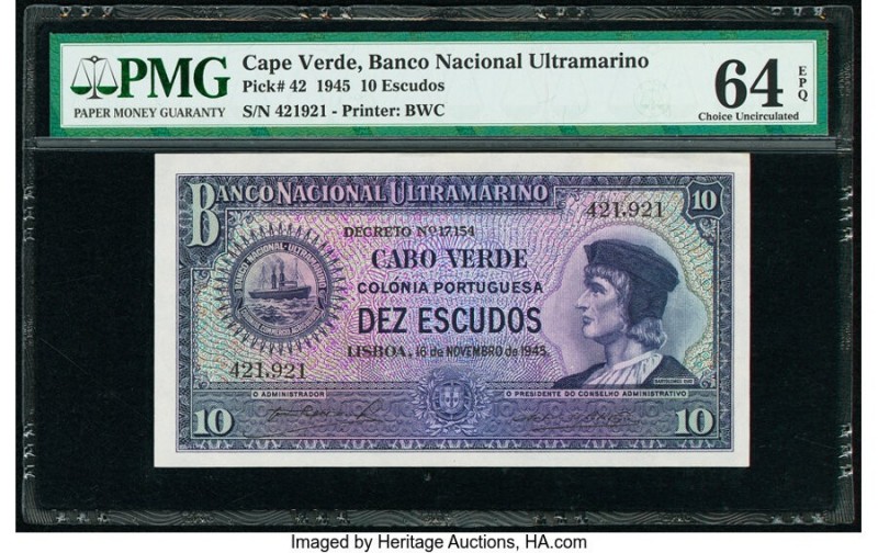 Cape Verde Banco Nacional Ultramarino 10 Escudos 16.11.1945 Pick 42 PMG Choice U...