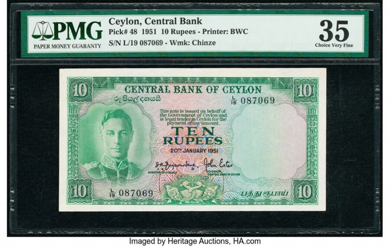 Ceylon Central Bank of Ceylon 10 Rupees 20.1.1951 Pick 48 PMG Choice Very Fine 3...