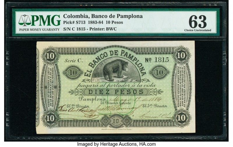 Colombia Banco de Pamplona 10 Pesos 1884 Pick S713 PMG Choice Uncirculated 63. 
...