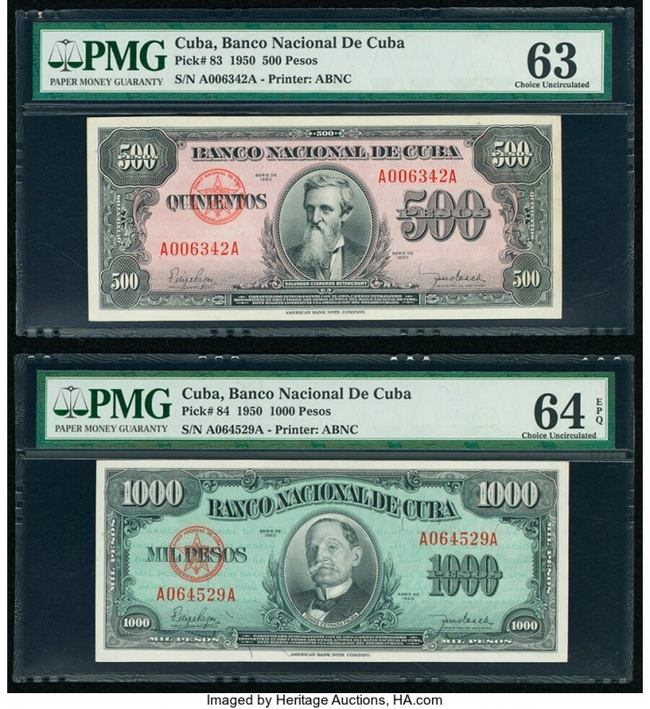 Cuba Banco Nacional de Cuba 500; 1000 Pesos 1950 Pick 83; 84 Two examples PMG Ch...