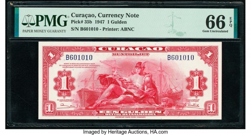 Curacao Muntbiljetten 1 Gulden 1947 Pick 35b PMG Gem Uncirculated 66 EPQ. 

HID0...