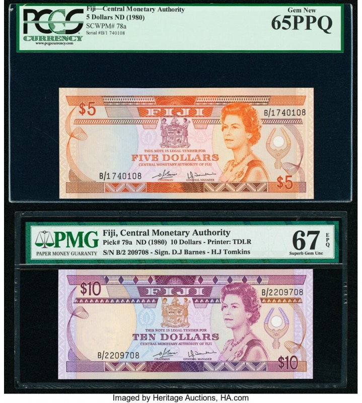 Fiji Central Monetary Authority 5; 10 Dollars ND (1980) Pick 78a; 79a Two Exampl...