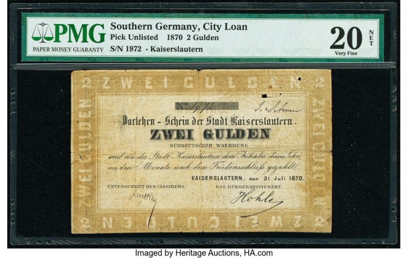 Southern Germany City Loan 2 Gulden 31.7.1870 Pick UNL PMG Very Fine 20 Net. Pap...
