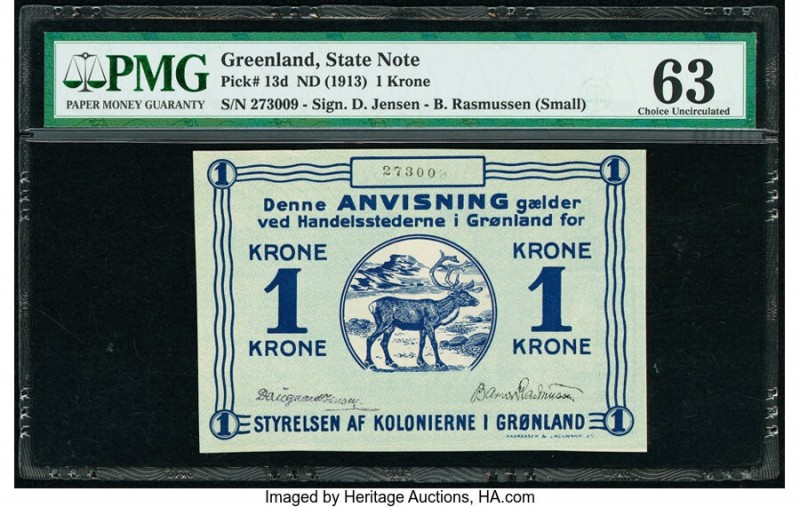 Greenland State Note 1 Krone ND (1913) Pick 13d PMG Choice Uncirculated 63. 

HI...