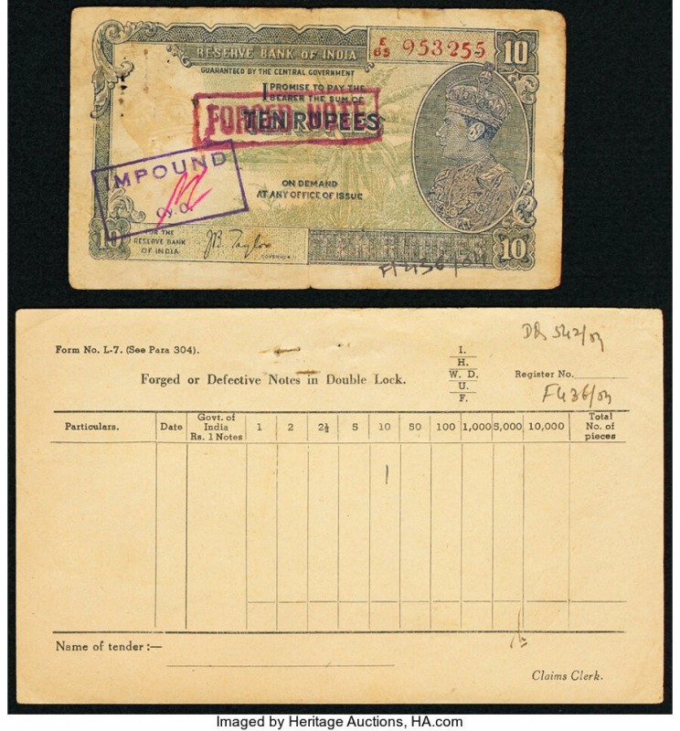 India Reserve Bank of India 10 Rupees ND (1937) Pick 19x Counterfeit with Claim ...