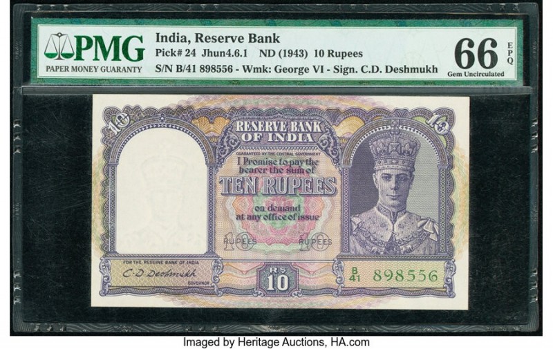 India Reserve Bank of India 10 Rupees ND (1943) Pick 24 Jhunjhunwalla-Razack 4.6...