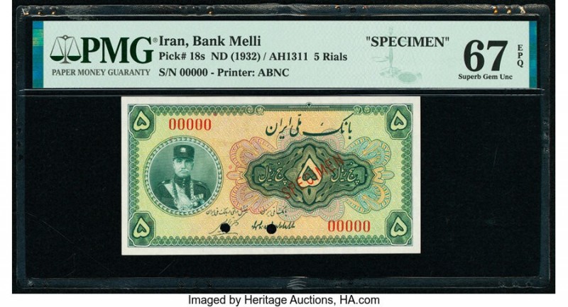 Iran Bank Melli 5 Rials ND (1932) / AH1311 Pick 18s Specimen PMG Superb Gem Unc ...