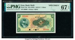 Iran Bank Melli 5 Rials ND (1932) / AH1311 Pick 18s Specimen PMG Superb Gem Unc 67 EPQ. Red Specimen overprint and two POCs.

HID09801242017

© 2020 H...